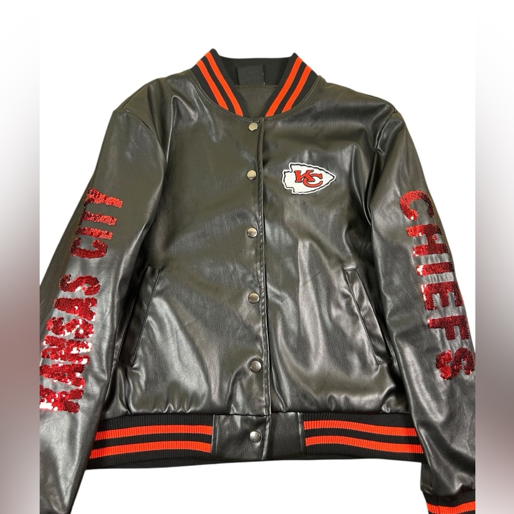 NFL Kansas City Chiefs Sequin Faux Leather Varsity Jacket Women Small‎ Black Red - Picture 16 of 16